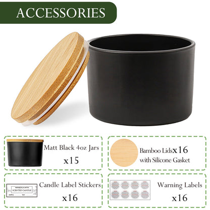 CONNOO 15 Pack 4 OZ Matte Black Glass Candle Jars with Airtight Bamboo Lids for Making Candles, Bulk Small Wide Mouth Empty Candle Containers with Sticky Warning Labels - Dishwasher Safe