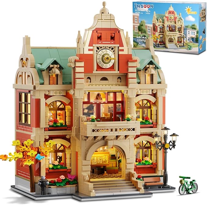 University Club House Building Set with Light1629PCS City Campus Architecture Model with Painting Drama Baking Music Club Home Decor Construction Building Block Gift for Adults Boys Girls 12+