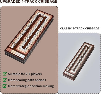 VAMSLOVE Upgraded Wooden 4-Track Cribbage Board Game Magnetic Scoreboard with Large Slots for Storing 2 Playing Cards and 12 Metal Pegs Travel Family Game Night (Instruction Included)