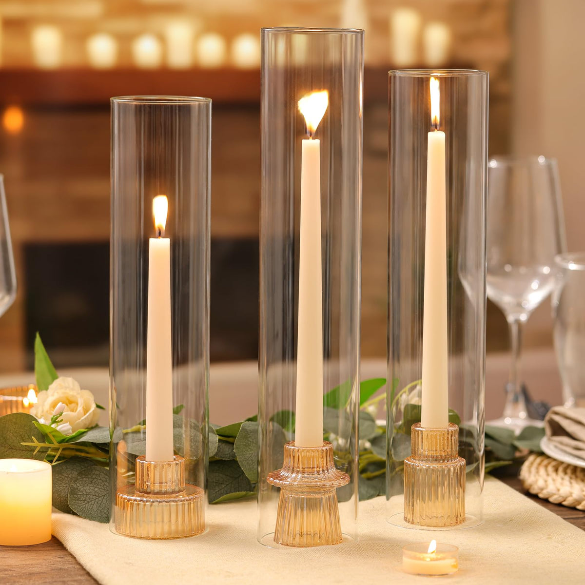 NITIME 9 Set Hurricane Glass Candle Holders for Table Centerpieces, Gold Candlestick Holders with Windproof Cylinder Covers(11.8"/12.6"/13.8" H), Taper Candle Holders for Wedding, Party and Home Decor