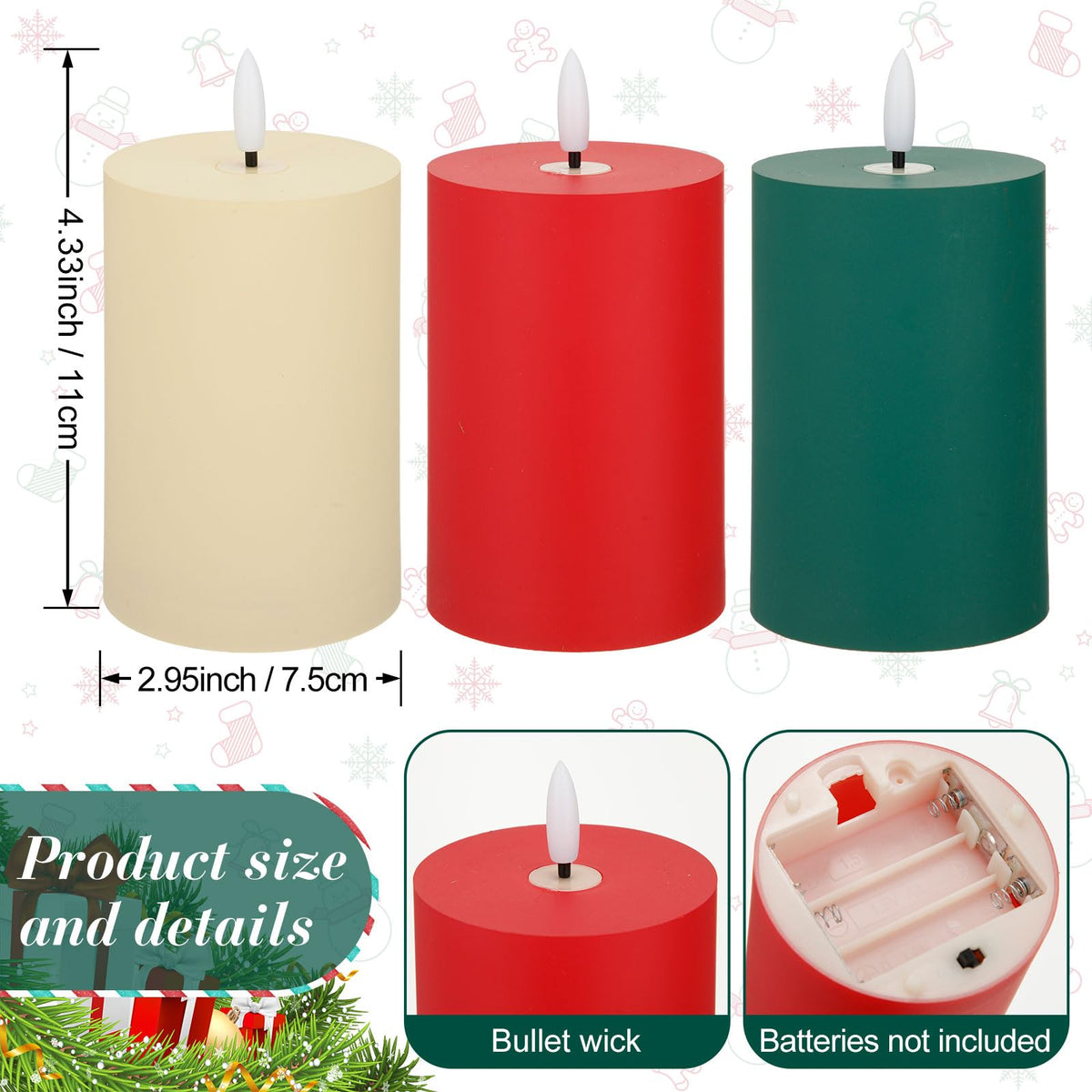 Tuanse 6 Pcs LED Flameless Candles 4.3" Battery Operated LED Lights Electric Decorative Pillar Candle for Wedding Party Decorations Room Dinner Decor Gifts(Green, Red, Ivory)