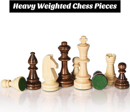 Vamslove Wooden Heavy Weighted Chess Pieces Only-3.8'' King-Extra 2 Queens-34 Wood Tournament Chessmen for Chess SetVelvet Storage Bags Included