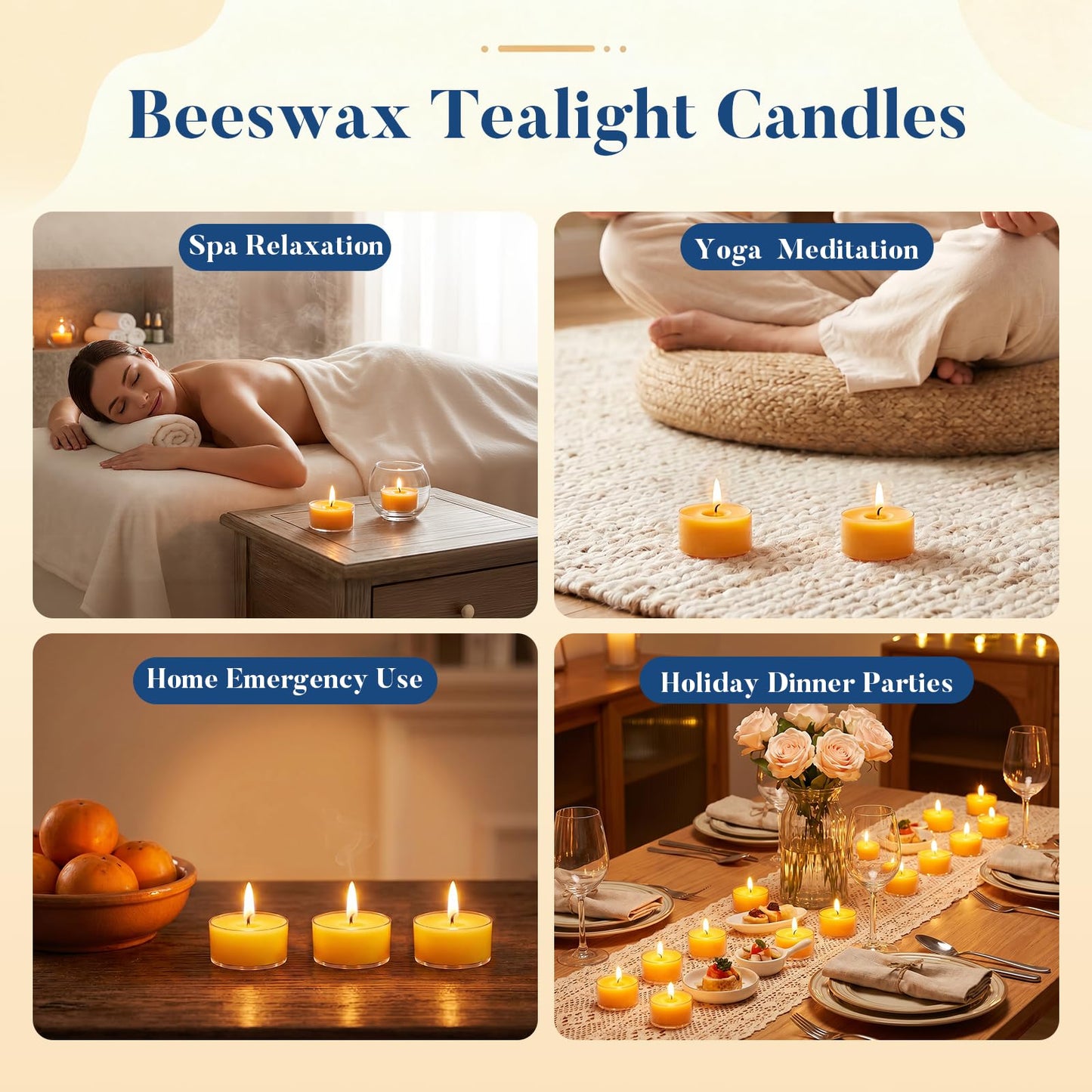 Crenovo 48 Pack Beeswax Tea Lights, 6-Hour Long Burning Tealight Candles, Ideal for Dinners Meditation Home Decor Tea Candles