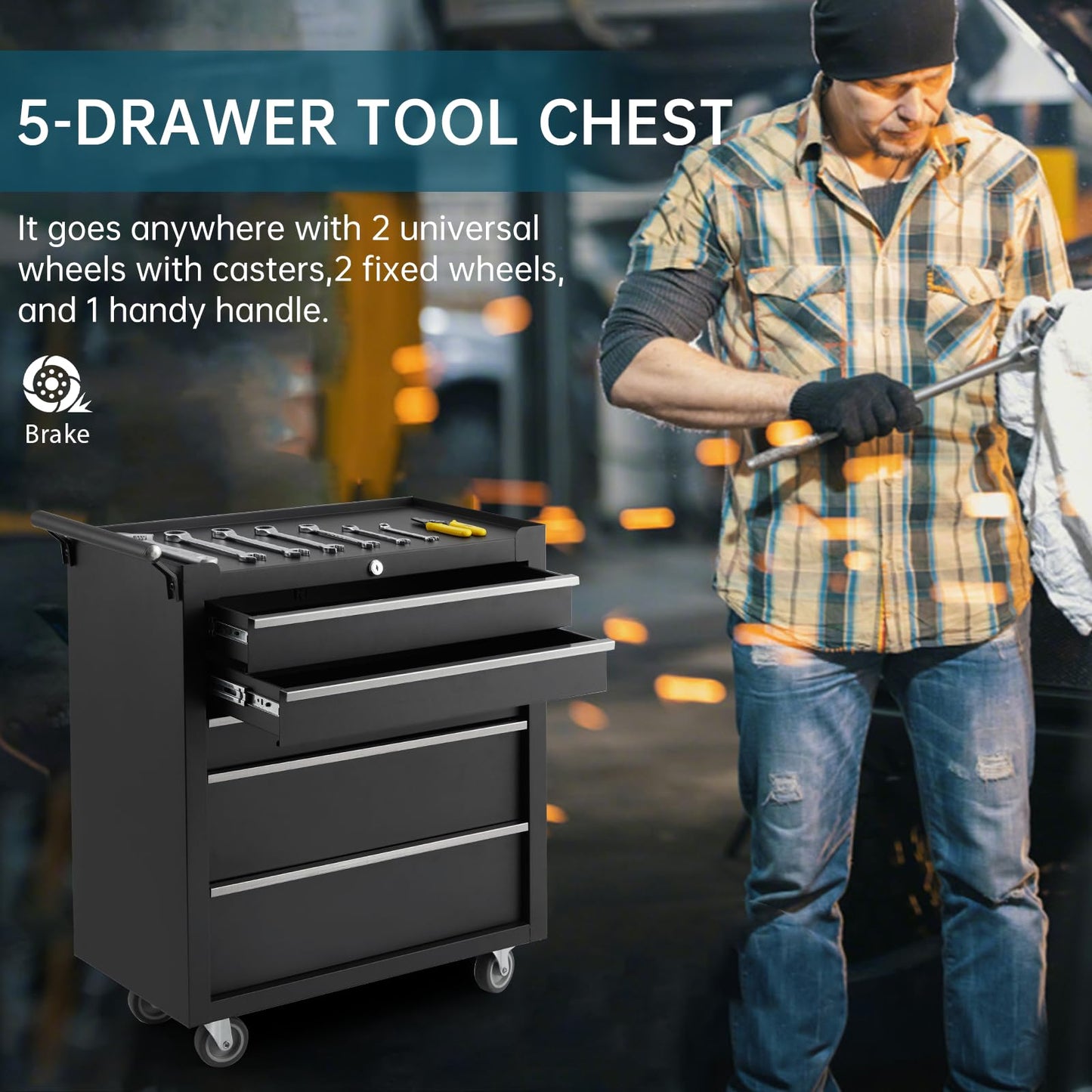 GarveeLife 5-Drawer Tool Box 24" Garage Tool Box with Key Lock and Removable Drawer Liners, Wheeled Design, Suitable for Garages, Warehouses, Workshops, and Repair Shops - Black