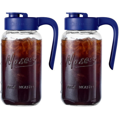 Spreccio Mason Jar Pitcher - Airtight & Leakproof Glass Pitcher with Lid[set of 2], Perfect for Breastmilk, Cold Brew, and Sun Tea, 2 Quart (64 oz) Mason Jar with Pour Spout Lid