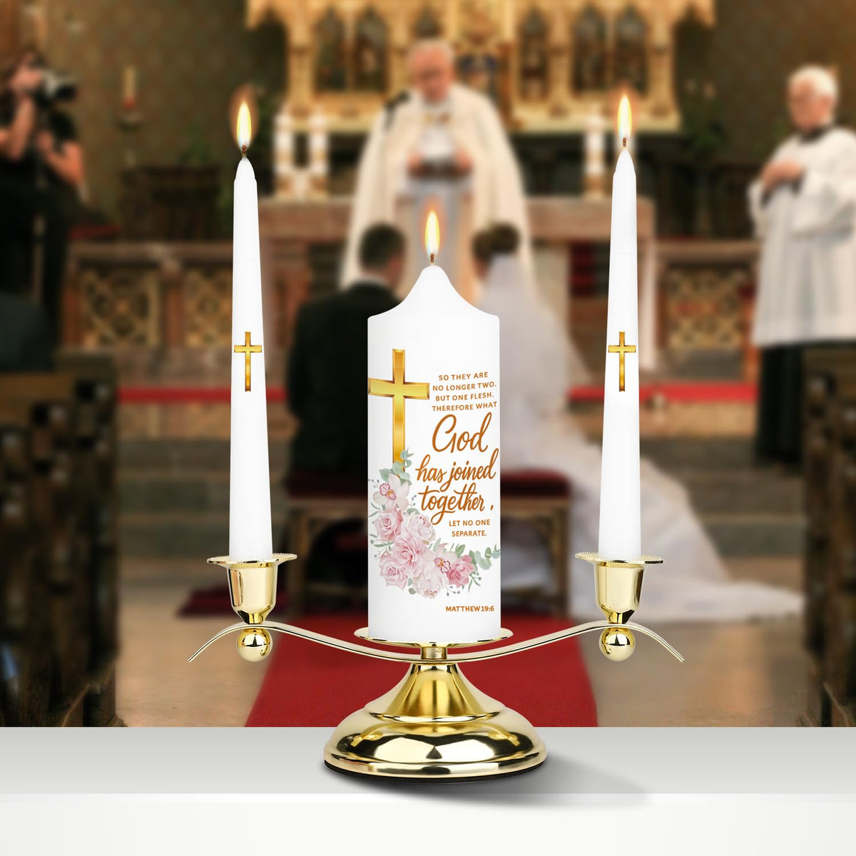 LakWilows Unity Floral Candles for Ceremony with Gold Metal Holder, Wedding Candle with Cross & Scripture, Christian & Catholic Wedding Ceremony Candle for Bride and Groom