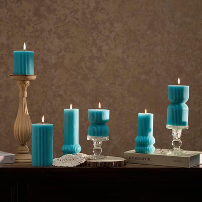MOZEAL Hand-Poured Pointed Ribbed Soy Pillar Candles Set of 3 - Decorative Turquoise Unscented Dripless Smokeless (4",6",8") 300 Hr Burn - Stylish Wedding Décor