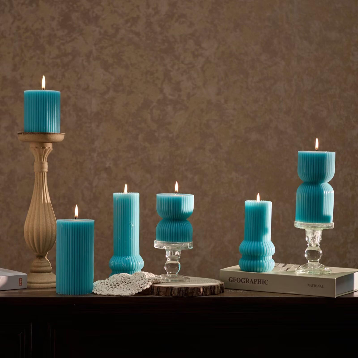MOZEAL Hand-Poured Classic Ribbed Soy Pillar Candles Set of 3 - Decorative Turquoise Unscented Dripless Smokeless (3"x4",6",8") 300 Hr Burn - Timeless Home Décor