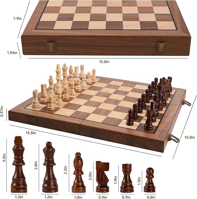 Ajedrez 15 Magnetic Chess Set for Adults/Kids—Folding Travel Wooden Board with Storage Bag Portable Beginner &amp Expert Chess Sets