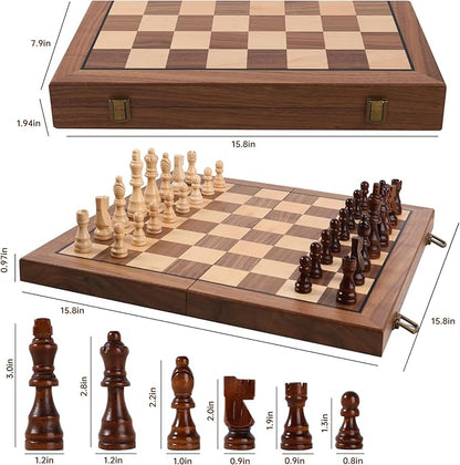 Ajedrez 15 Magnetic Chess Set for Adults/Kids—Folding Travel Wooden Board with Storage Bag Portable Beginner &amp Expert Chess Sets