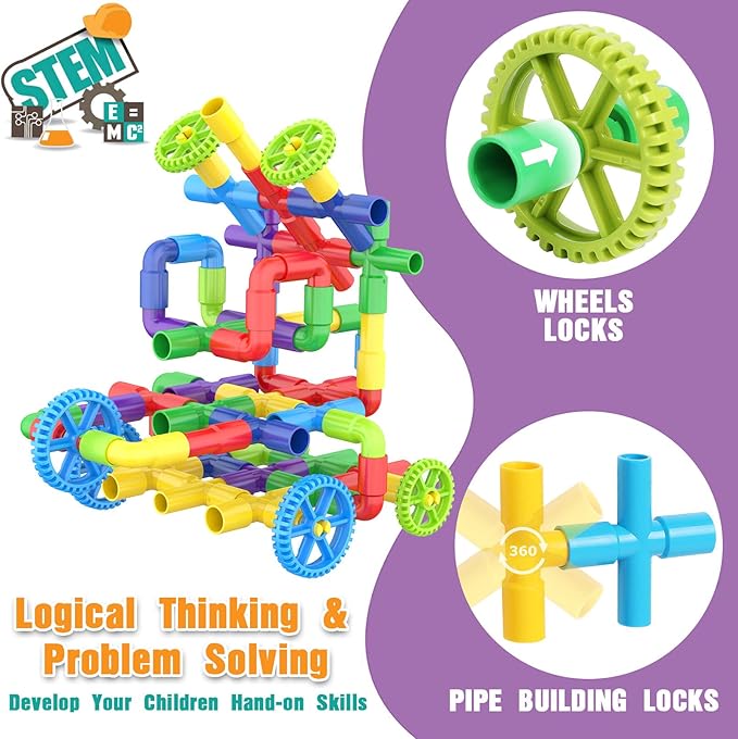 STEM Building Toys for Kids - 250 Pcs Tubular Pipe &amp Spout Interlocking Construction Set | Toddler Learning Toys Age 3-5 6-8 | DIY Tube Locks Blocks with Storage Box &amp Idea Book | Gift for Boy