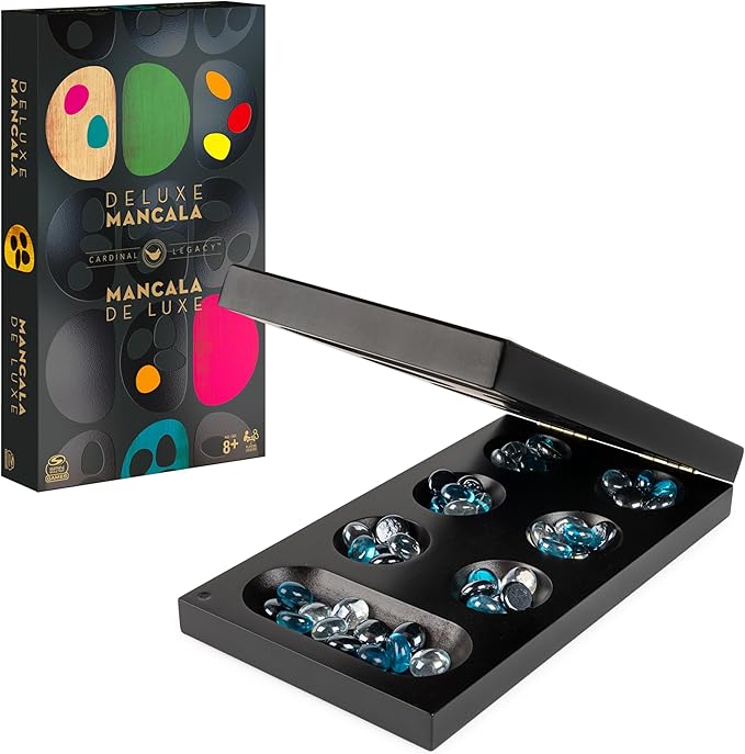 Spin Master Games Legacy Deluxe Mancala Classic Game with Folding Wooden Board &amp Colorful Glass Stones Family Game for Ages 8 &amp Up