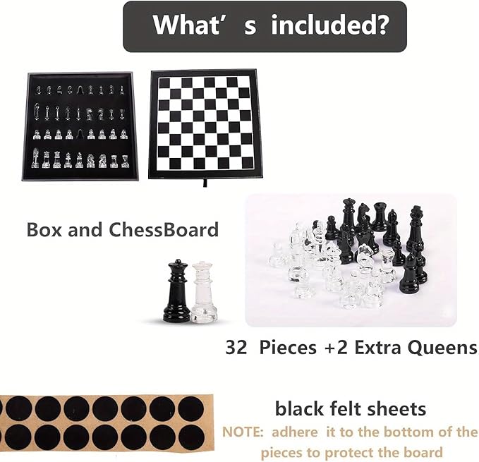 Luxury Glass Chess Set for Adults - 2 Extra Queens Premium Leather Storage Case with 13.2” Chessboard Elegant Board Game Gift