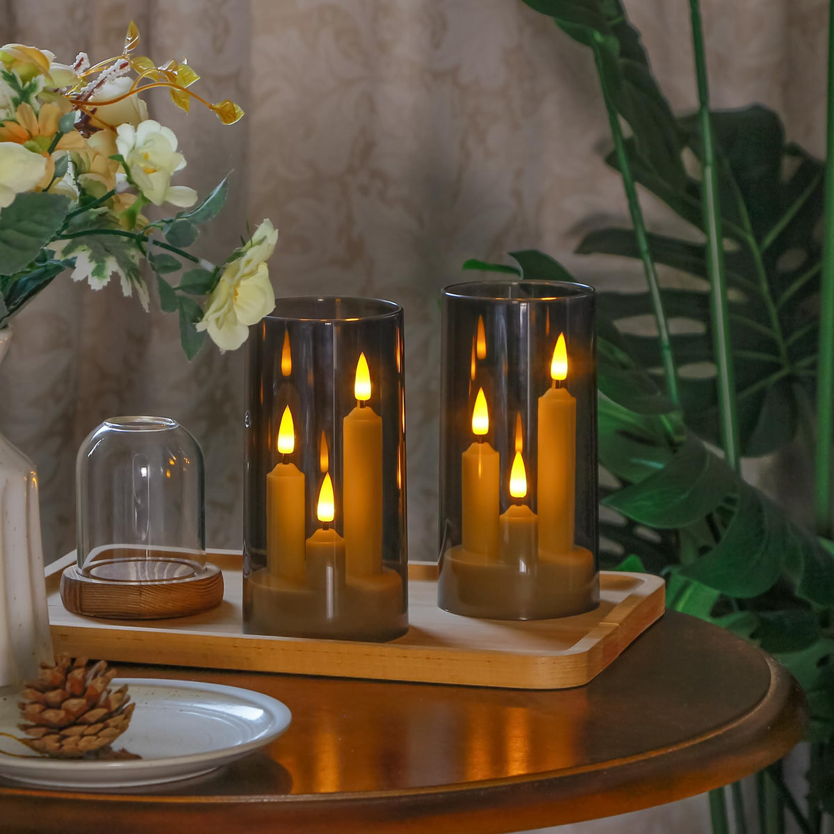 Zevanor 3 in 1 Flameless Taper Short Candles with 10 Key Remote Control and Timer, Battery Operated Pack of 2 LED Acrylic 3" x6" Grey Pillar Flickering Warm Light