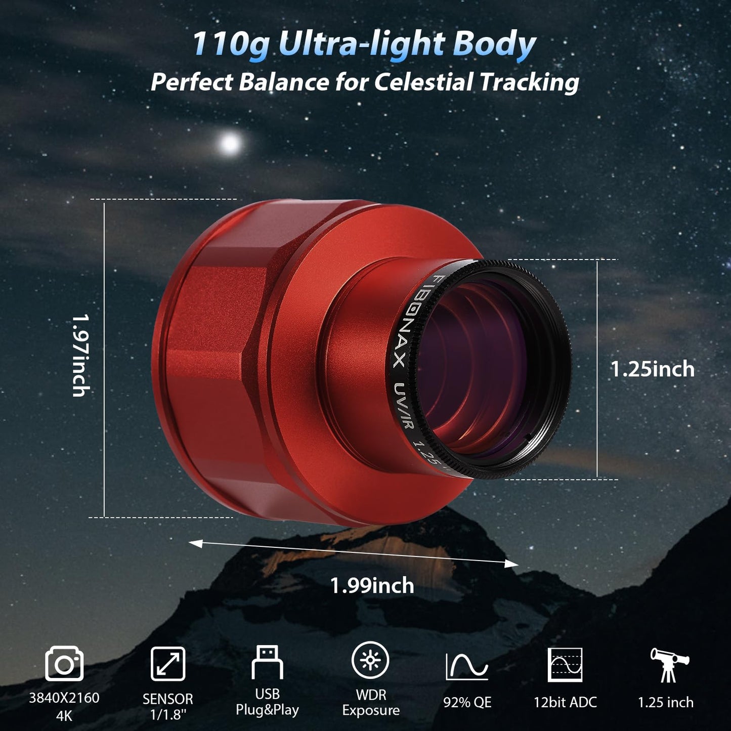 FIBONAX Telescope Camera 4K, 8MP USB Astronomy Camera, 1.25 Inch Electronic Eyepiece with Removable IR Cut Filter, ASCOM Driver Support, UVC Plug and Play for Lunar Planetary Imaging