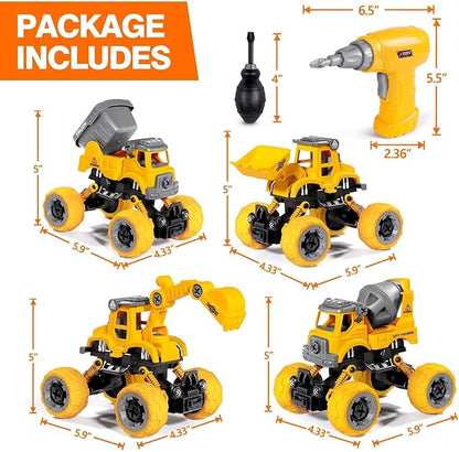 LUDILO 4PCS Take Apart Toys for 4 Year Old Boys Construction Toys with Electric Drill DIY Assembly Building Stem Toys Trucks Gifts for 3 4 5 6 7 8 Year Old Boys Girls Kids Learning Educational Toys