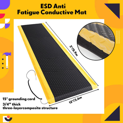 Drydiet 1 Pcs 3'x12' Anti Fatigue Mat Industrial, ESD Conductive Pad with Ground Wire, Heavy Duty Ergonomic Standing Floor Mat for Commercial Work, Shop Stand, Thick 3/4" Black with Yellow Border