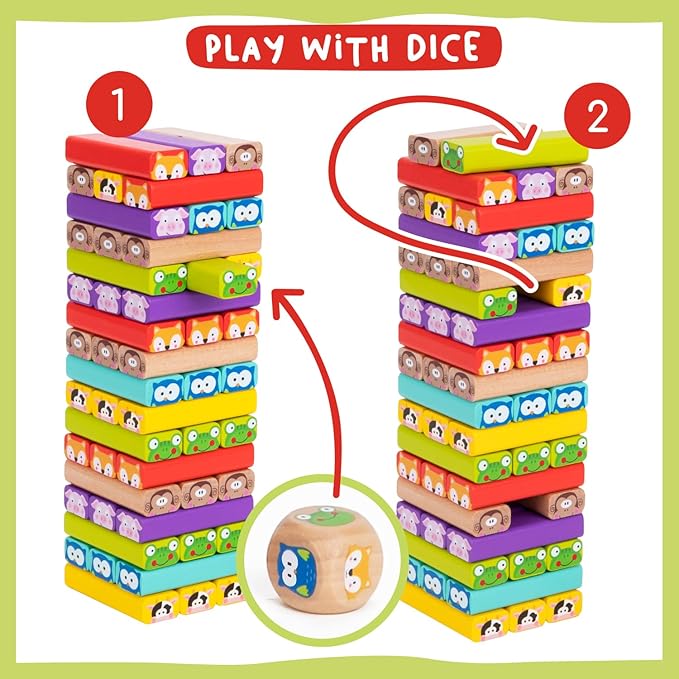 Nene Toys Wooden Tumble Tower Game with Animals &amp Colors 4-in-1 Educational Family Board Game for Kids Ages 3-9 Creativity &amp Cognitive Skills Booster - Gift for Boys Girls 3+ Years
