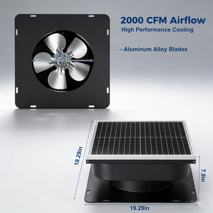 PEAKROCK 30W Solar Attic Vent Fan 2000CFM High Airflow Brushless DC Motor 60,000Hrs Lifespan with 12inch Blade Alloy Fan, Weatherproof Roof Vent for Home, Garage, Greenhouse, No Remote