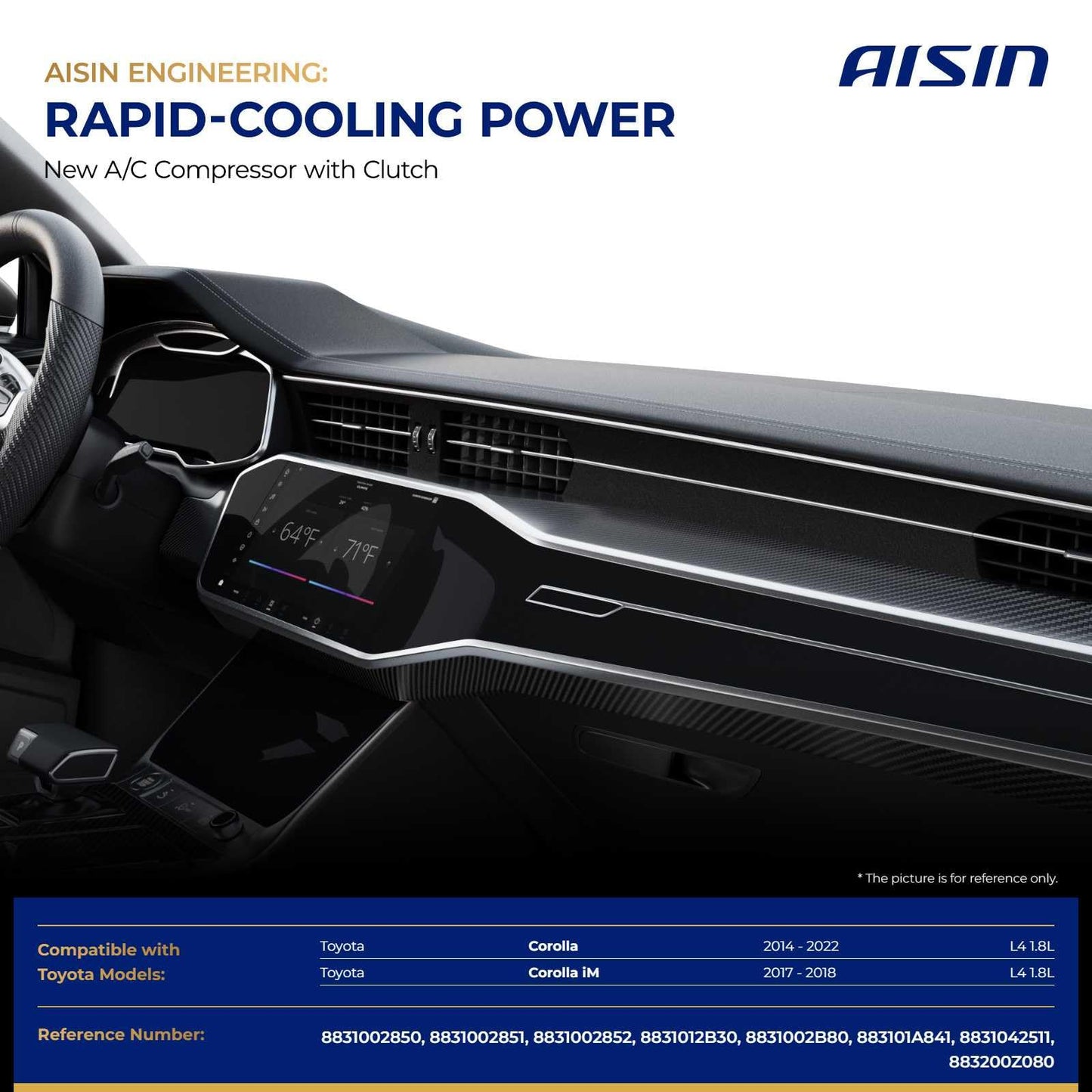 AISIN AFTERMARKET ACCT-00821 Air Conditioner AC Compressor - Compatible with Toyota Corolla 2014-2022 1.8L, Corolla iM 2017-2018 1.8L - with 6-Pulley Groove, with Clutch