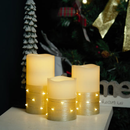 H-BLOSSOM Flickering Flameless Candles Ivory Real Wax Pillar with Embedded String Lights LED Candles Battery Operated with 10 Key Remote and Cycling 5H Timer Set of 3 (3" x 4"/5"/6") (Gold)