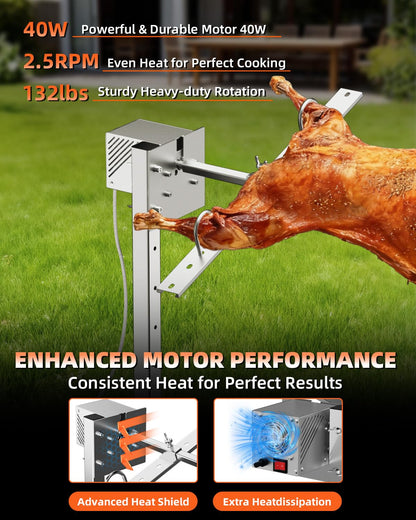 Rotisserie Grill Kit, 47" 132 lbs Capacity, Automatic 28W Motor Electric Height Adjustable Universal Roaster Stand, Stainless Steel Grilling Kit for BBQ Pig Rotisserie Hog Lamb Outdoor Party Campfire