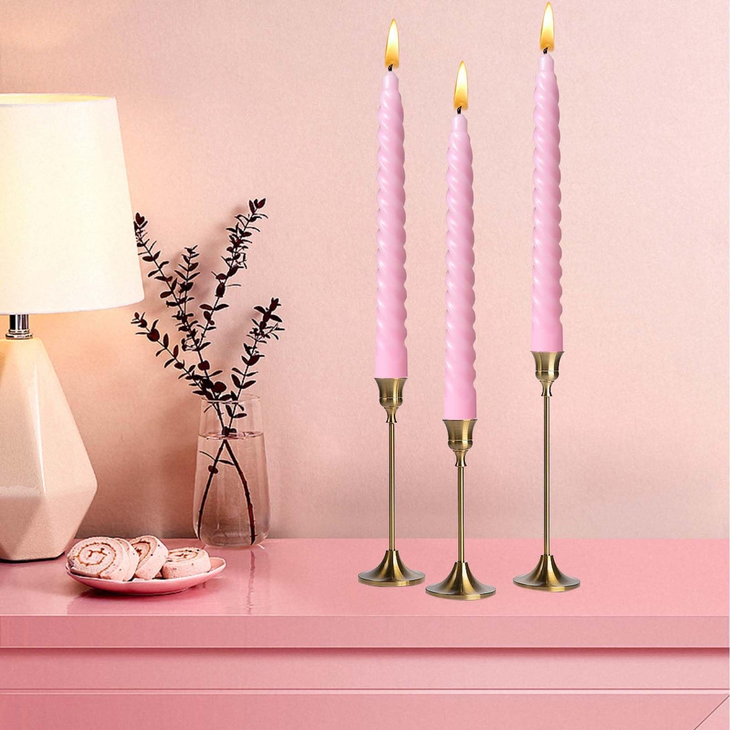 8 Inch Taper Spiral Candle Set of 4 Tapered Candles, 5 hrs,Smokeless,Tall Candlesticks, Home Dinner, Party, Wedding, Halloween, Christmas (4, Pink, 20cm)