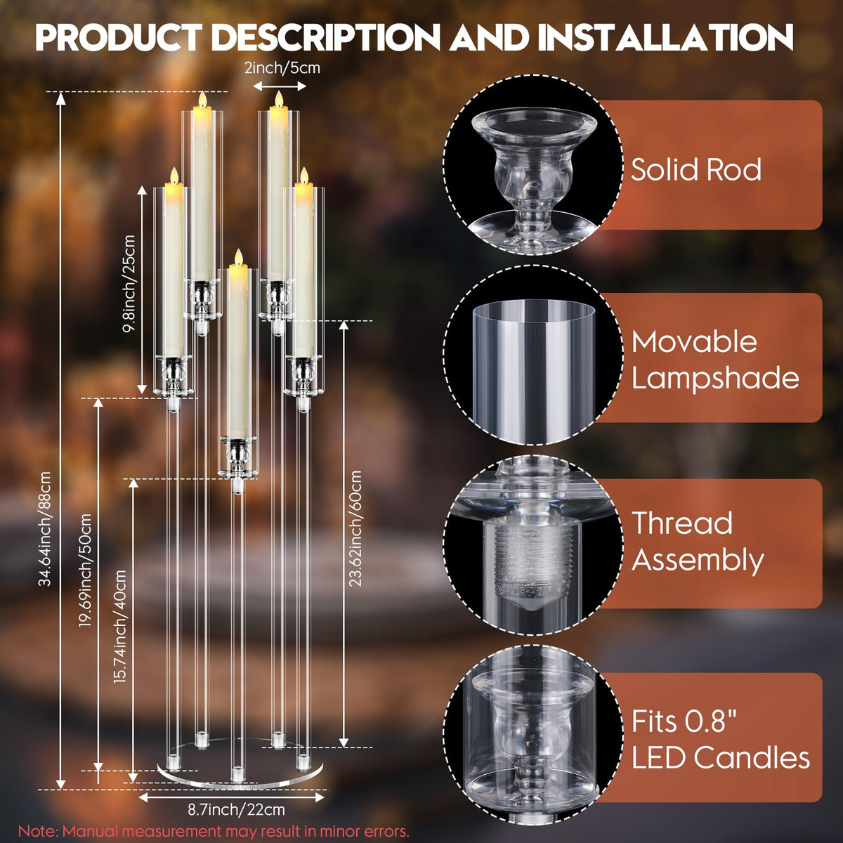 4 Set 5 Arm Acrylic Candle Holder, Mjkeomo 34.6'' Tall Candelabra Centerpieces for Tables Clear Candlesticks Holder with Lampshade for Housewarming Gift Fireplace Dinner Decor Fit 0.87'' LED Candle