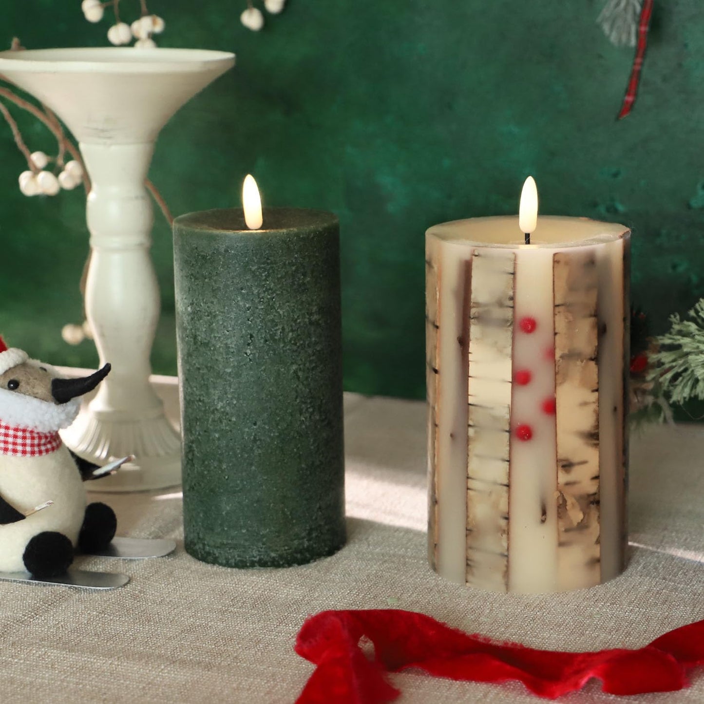 Real Birch Candles Flameless Embedded with Red Berries Christmas Flameless Candles with Remote Pillar Candles Battery Operated (3.5" × 6") - Real Wax, Unscented - for Christmas Decorations