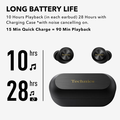 Technics Reference Class Hi-Fi Wireless Earbuds, Dolby Atmos, Head Tracking, Adaptive Noise Cancelling, 3 Device Multipoint, 10-hr Battery, Wireless Charging, in Ear Headphones - EAH-AZ100-K (Black)