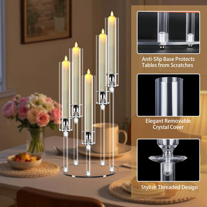 Cheloment 6 Sets 5 Arms Acrylic Candelabra Centerpieces for Tables, 23" Clear Candle Holder for Wedding Dinner Party and Home Decor,Candlesticks Holder with LED Candles