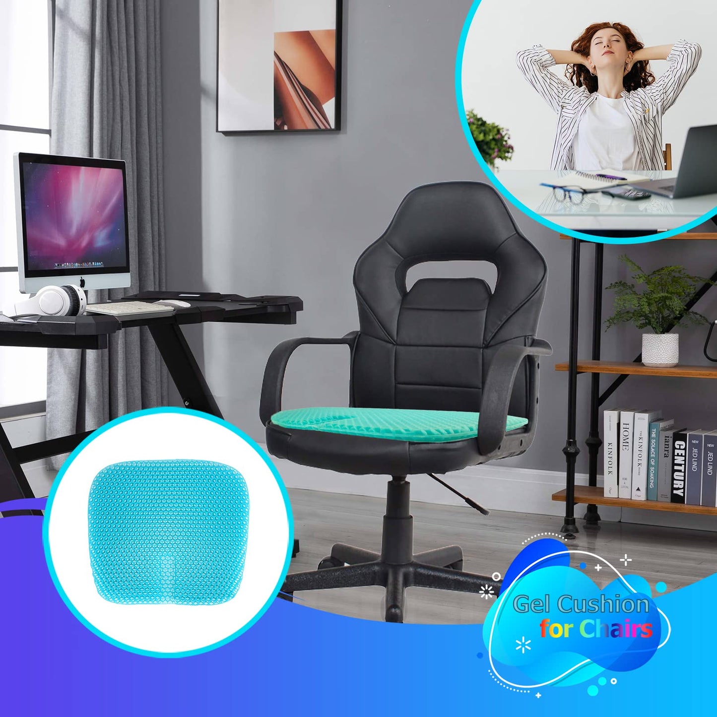 masteymoh Gel Seat Cushion for Long Sitting, Gel Cushions for Pressure Sores Relief, 18.5x17.3x1.2 Inches Cooling Gel Car Seat Cushion, Seat Cushions for Office Chairs with Breathable Nonslip Cover