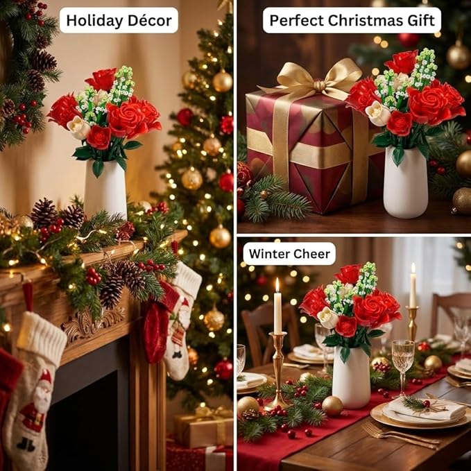 WISEPLAY Rose Bouquet Flower Building Set – 697 PCS for Women DIY Red &amp White Rose Flower Building Blocks Creative for Adults &amp Teens