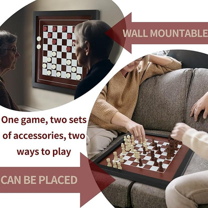 Wall Mounted Board Games Classic Checkers Game Strategy and Fun Games Art Decor for Home Checkers Board Game Magnetic Hanging Checkers and Chess Wooden Board Games (Checkers and Chess)