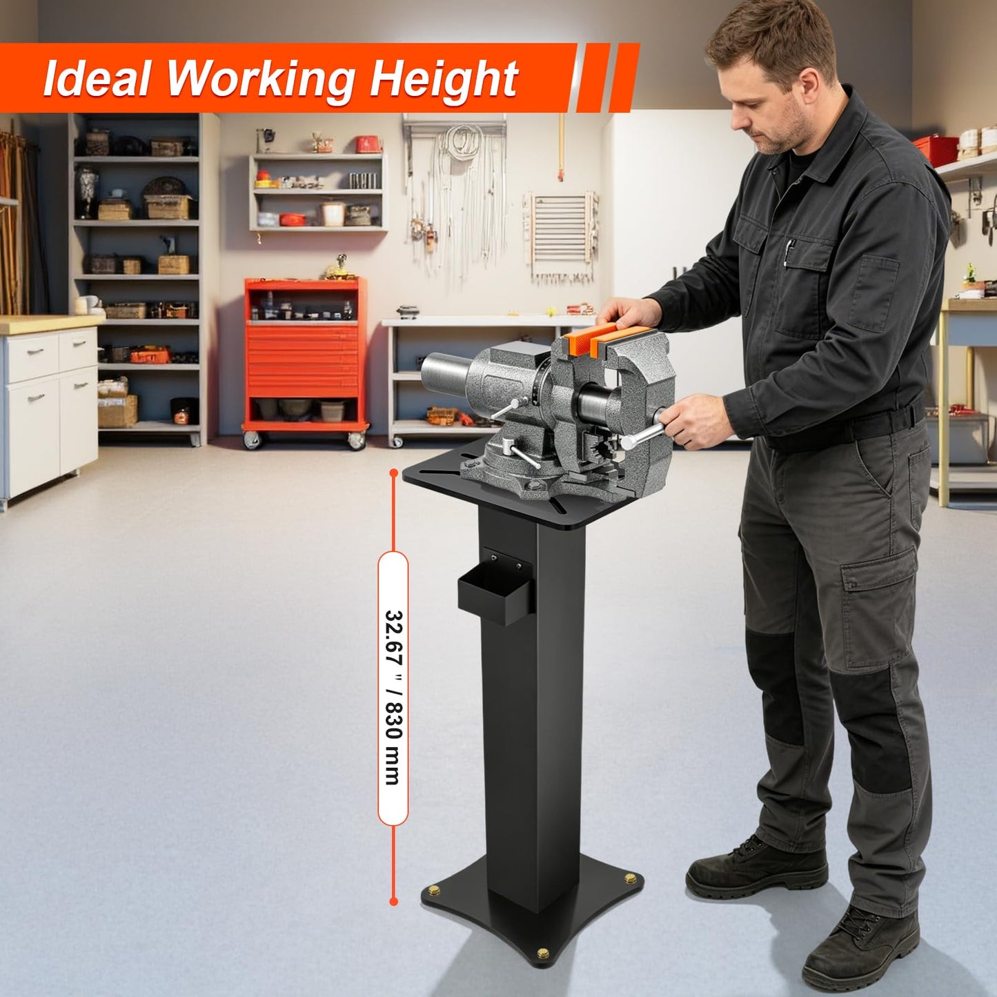 LMYYGOO Bench Grinder Stand, Heavy-Duty Floor Pedestal with 13.77" x 9.84" Mounting Plate, 32.67" Height, Pre-Cut Slots & Water Pot, Compatible with Bench Grinders, Vises, Drill Press and More