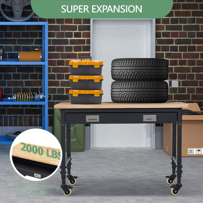48" Work Benches for Garage, Adjustable Workbench with Wheels, Drawers, Power Outlet & Rubber Wood Top, 2000LB Tool Bench Shop Table for Woodworking, Office, Home, Black