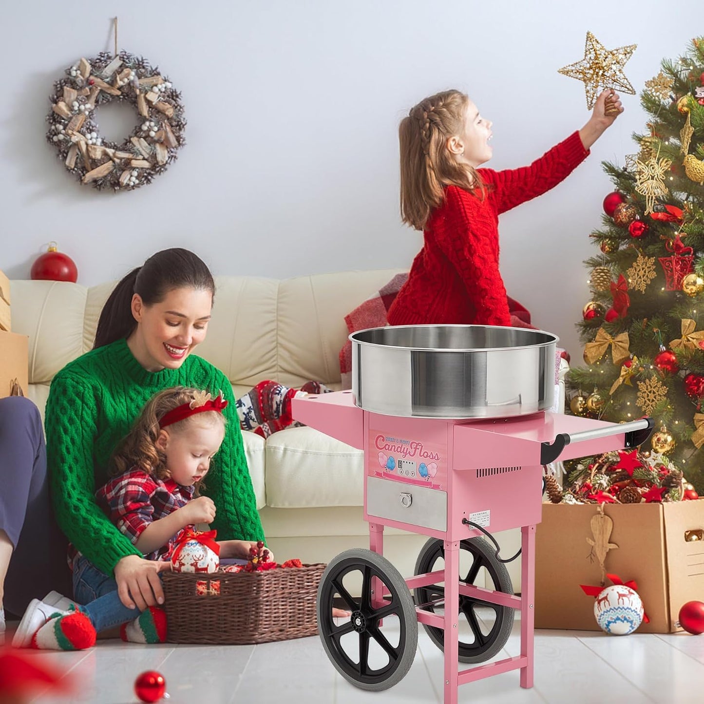 Electric Candy Cotton Machine With 20 in Stainless Steel Bowl,Cotton- Candy Maker Machine for Kids With Cart,Nostalgia Candy Cart Commercial For Party, Home,Festival,Amusement Park,Carnival,Pinks