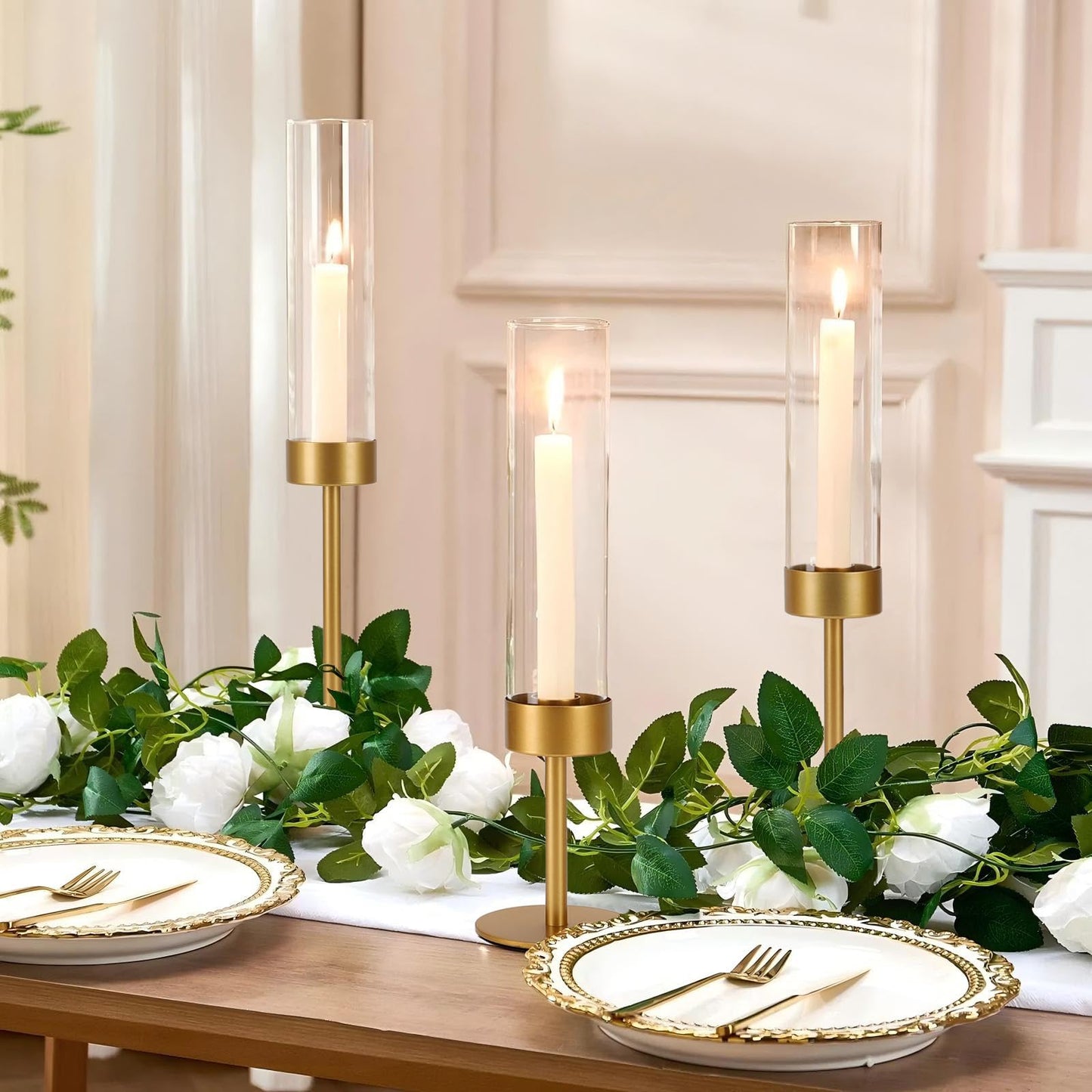 Glass Hurricane Candle Holders Set of 3-Gold Metal Base Taper Candle Stick Holders for CandlesticksHolder Decor, Elegant Dining Table Centerpiece for Wedding, Christmas & Home Decor