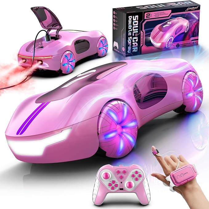 Gesture Sensing Remote Control Car Drift RC Stunt Car with Light Spray &amp Sound 2.4GHz Hobby RC Cars Toy for Kids 360° Rotate Birthday Gifts for Boys Girls 6-12（Pink）