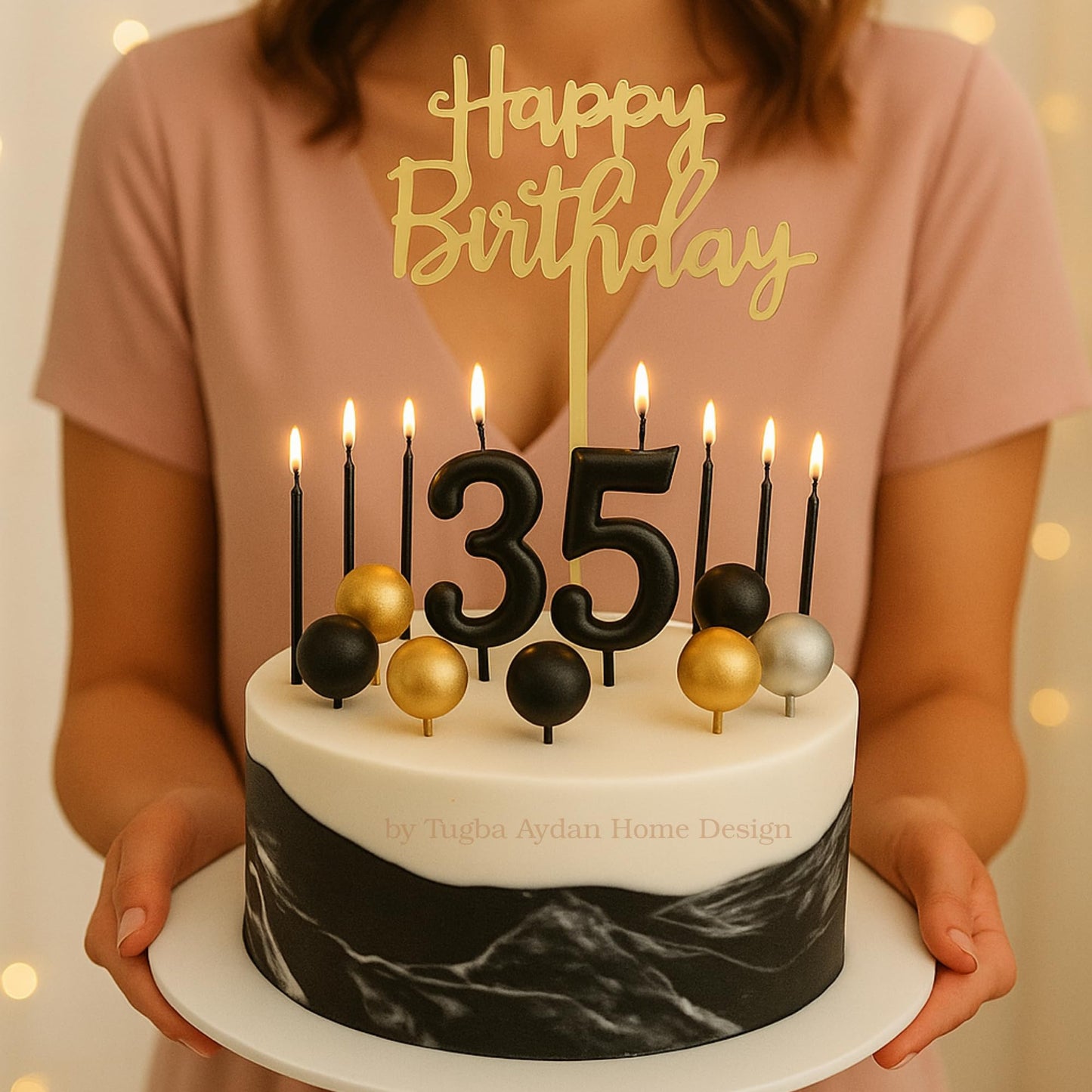 by Tugba Aydan - 33 Pcs Black Birthday Candle Set with Number Candles 0–9, Metallic Long Candles, Ball & Text Toppers – Complete Cake Decoration Kit for Kids & Adults Birthday Party