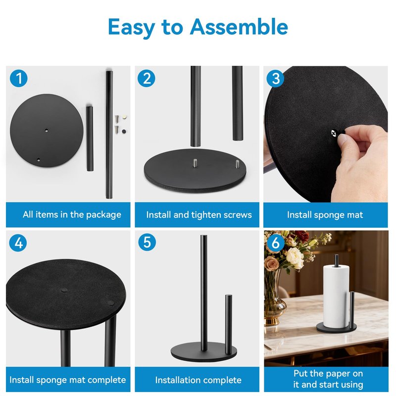 Paper Towel Holder Kitchen,Premium Stainless Steel Roll Dispenser,Countertop Paper Holder with Weighted Base, Black