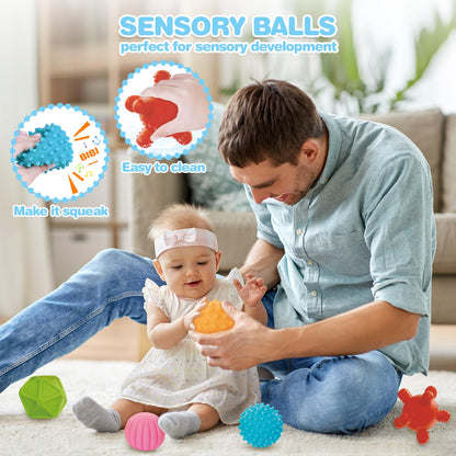 Springflower 5 in 1 Montessori Toys for Babies 0-3-6-12 Months, Soft Baby Teething Toys, Sensory Bin Toy, Stacking Building Blocks & Rings Infants,Developmental Toddler,Gift 12-18 Months
