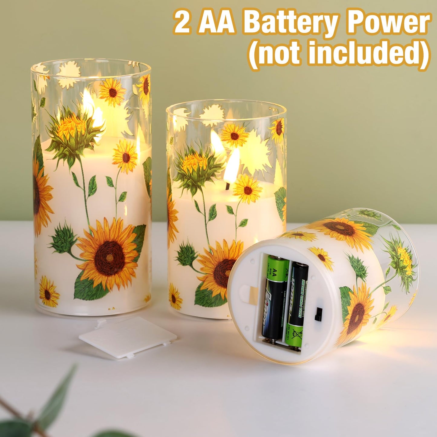 Eywamage Sunflower Glass Flameless Candles with Remote, Flickering Battery LED Pillar Candles Spring Home Table Decor Set of 3