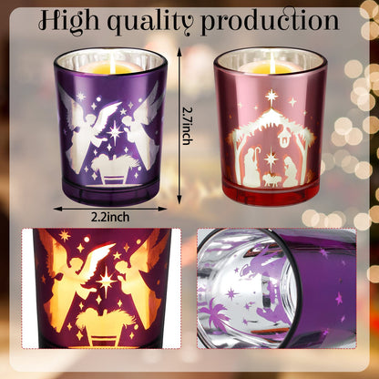 4 Pcs Christmas Advent Candle Holder Nativity Scene Candle Holder Glass Purple and Pink Tealight Candle Holders for Holiday Xmas Wedding Church Home Decor, 4 Styles