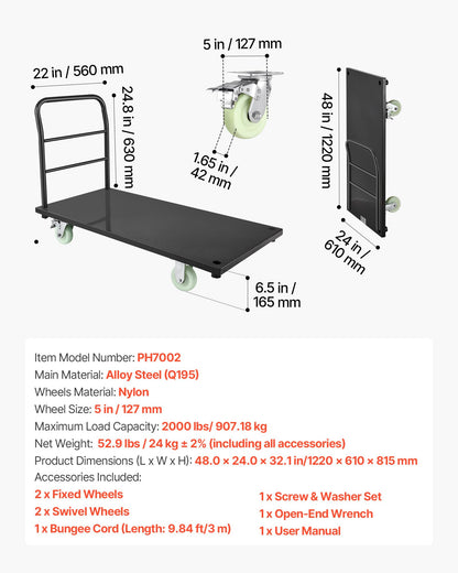 VEVOR Heavy Duty Platform Truck, 2000 LBS Industrial Steel Flatbed Cart with 360° Swivel Wheels, Platform Push Cart Dolly, Easy Storage for Warehouse/Garage/Moving/Garden (48" x 24" x 32")