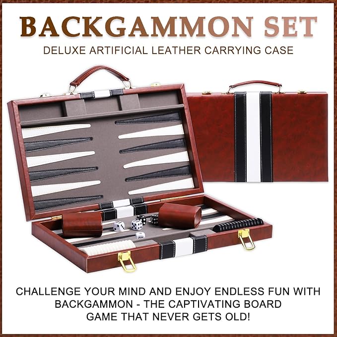 Backgammon Sets for Adults 15 inch Backgammon Brown Sets Classic Board Game with Premium Leather Case Portable Travels Strategy Backgammon Game Set for Adults Kids (Brown)