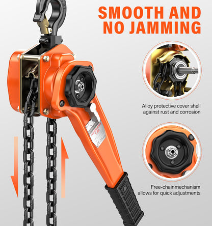 HUGOASIS Lever Chain Hoist 1-1/2 Ton 3300 Lbs Capacity 10FT Lift 2 Heavy Duty Hooks,Manganese Steel G80 Manganese Steel with Double-Pawl Brake Chain Come Along for Warehouse,Automotive,Garages,Orange