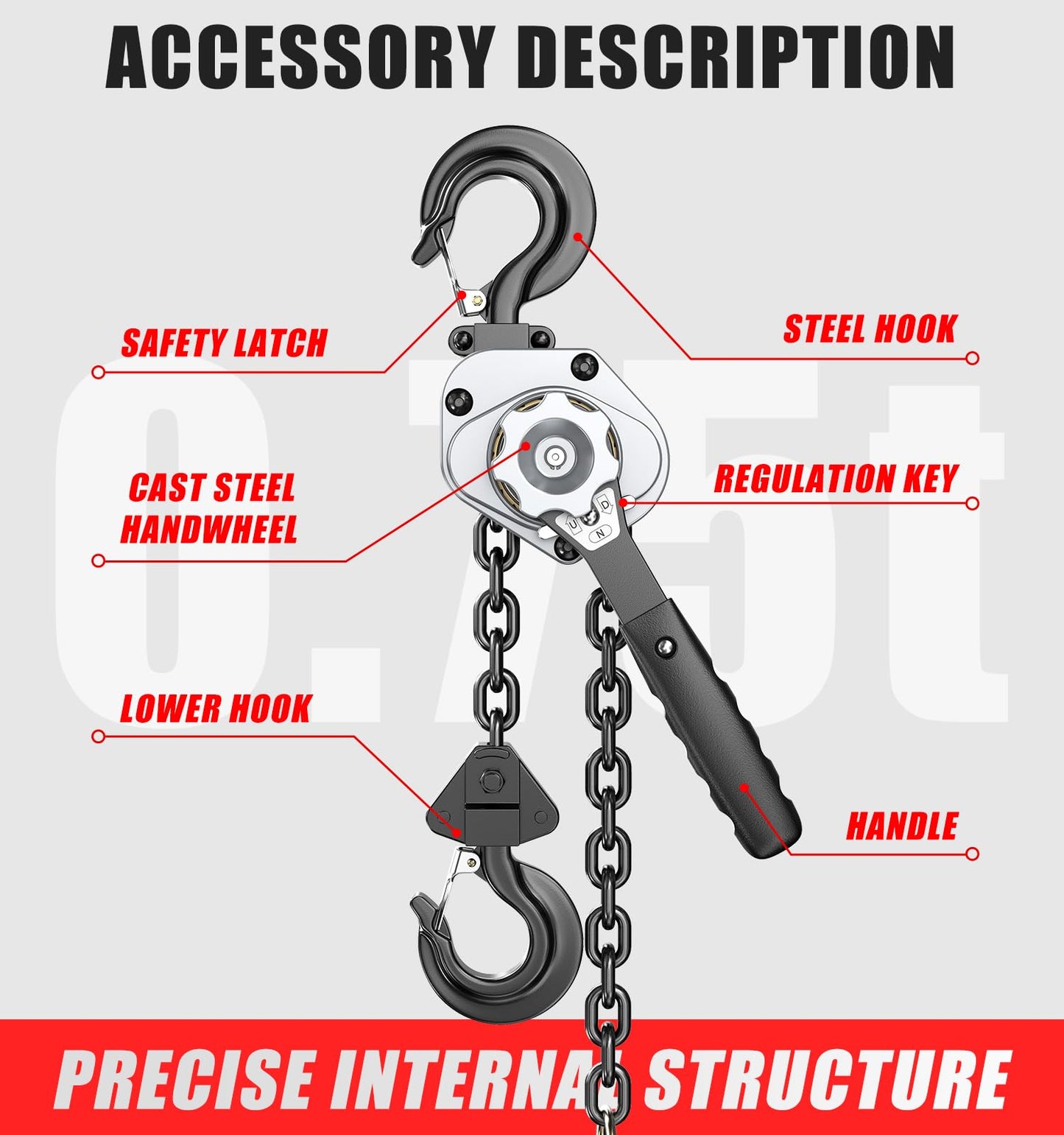 HUGOASIS Mini Lever Hoist 3/4 TON 1650 LBS Capacity 5FT Lift, Portable Aluminum Ratchet Chain Hoist with G80 Alloy Steel Chain, Dual Brake Hand Chain Puller for Lifting & Pulling,Silver