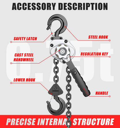 HUGOASIS Mini Lever Hoist 3/4 TON 1650 LBS Capacity 5FT Lift, Portable Aluminum Ratchet Chain Hoist with G80 Alloy Steel Chain, Dual Brake Hand Chain Puller for Lifting & Pulling,Silver