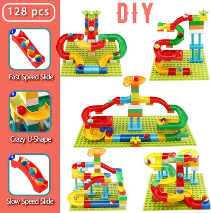 Marble Run Building Blocks for Kids Age 3-8 128 Pcs STEM Building Bricks Set with Toss Ring Game Educational Learning Toys for Toddlers Boys Girls Gifts- Compatible with All Major Brands